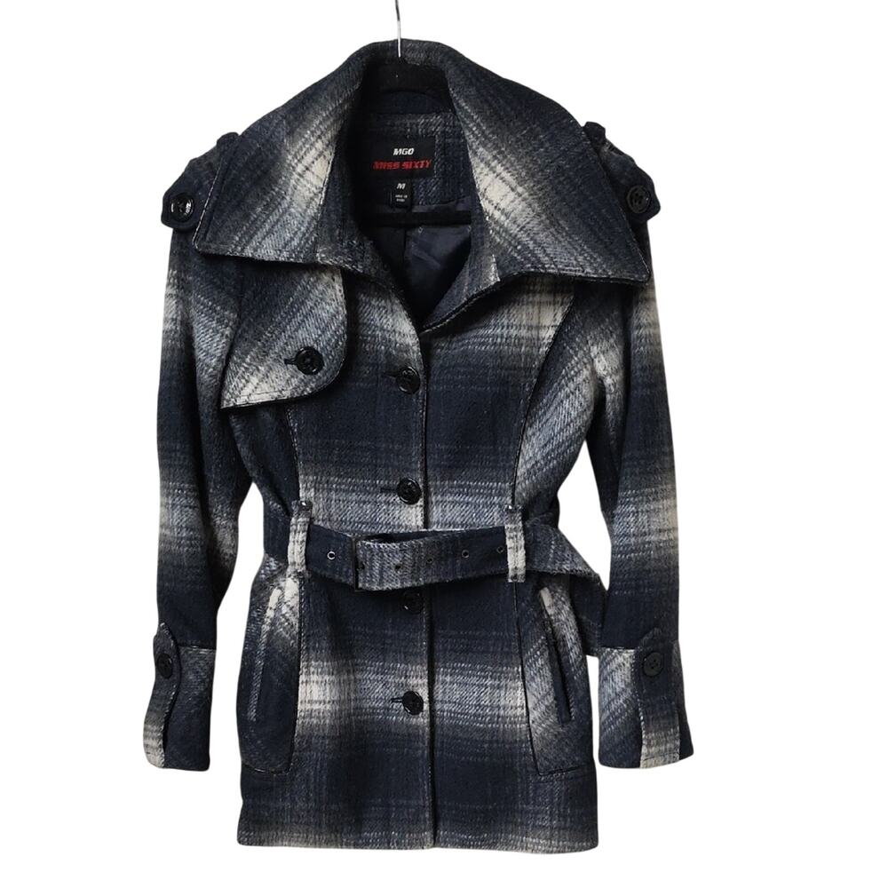 Miss Sixty M60 Wool Blend Belted Double Breasted Plaid Coat Womens Size Medium